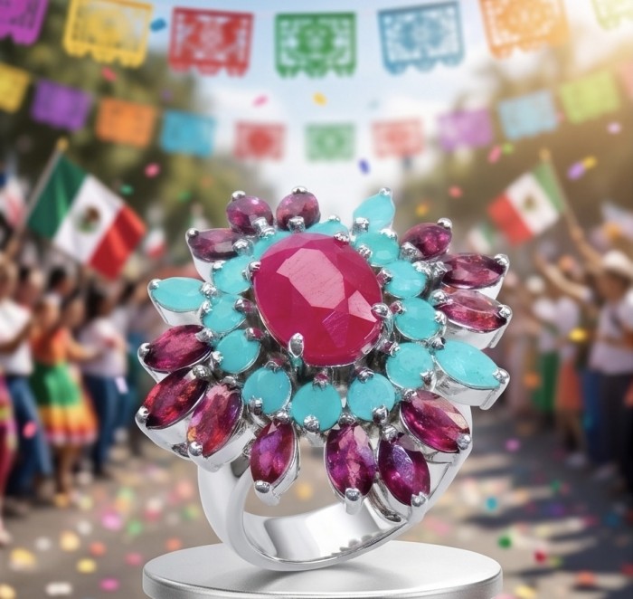 Carmen Natural 12.4 carat Ruby .925 Sterling Silver dipped in rhodium handmade Large Statement Ring size 6 1/2 - Ring with ruby and turquoise stones, festive background, front view