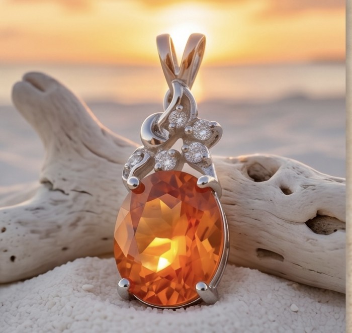 Vibrant 8.4 carat Spessartine Garnet rhodium over .925 Sterling Silver handcrafted pendant - Close-up of vibrant Spessartine Garnet pendant on beach at sunset