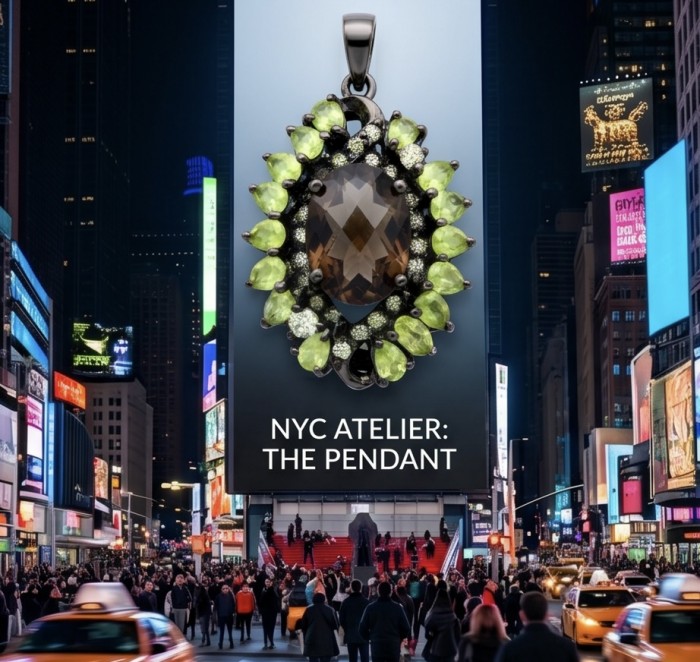Authentic 18.5 carat Smoky Topaz black rhodium over .925 Sterling Silver handmade Statement Pendant - Close-up of Smoky Topaz pendant with green stones in city billboard display.