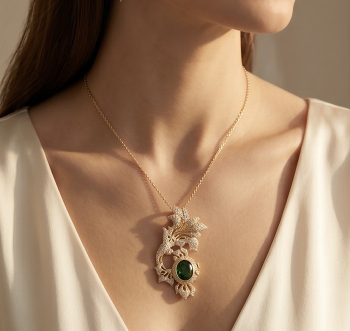 Ultimate Treasure - floral design- 7.2 CARAT Emerald .925 Sterling Silver dipped in 22K Gold handcrafted Pendant Brooch - Necklace with floral design and emerald pendant shown worn on neck.