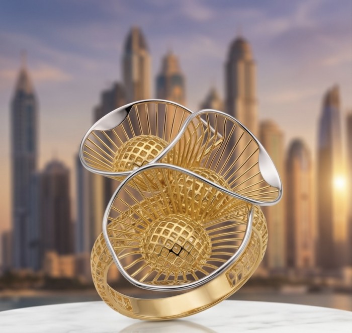 Dubai Style - .925 Sterling Silver dipped in 22K Gold handmade Large ring size 10 1/4 - Dubai Style gold and silver ring against cityscape background