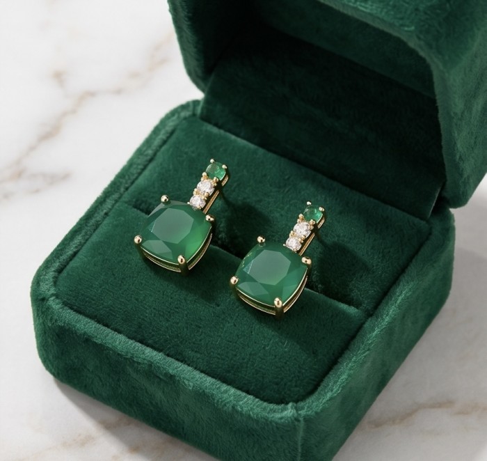 Assher cut 3.8 carat COLOMBIAN Emerald 22k Gold over .925 Sterling Silver handmade Earrings - Emerald earrings in green velvet box, top view.