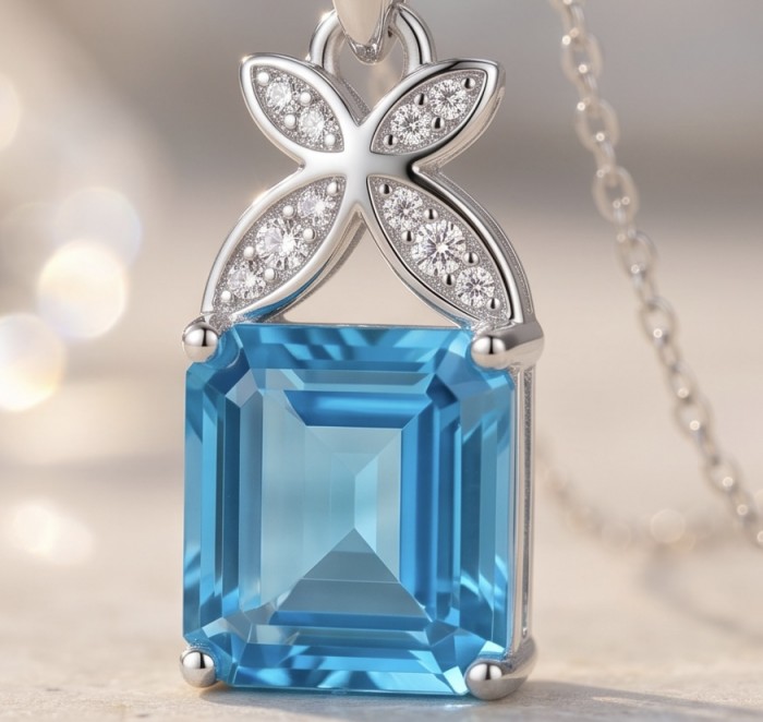 Stella 4.3 carat Swiss Blue Topaz .925 Sterling Silver dipped in rhodium handcrafted Pendant - Close-up of Swiss Blue Topaz pendant in sterling silver necklace.