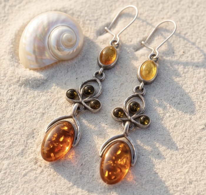 Natural Baltic Amber .925 Sterling Silver handmade earrings - Baltic amber earrings on sand with shell, front view close-up.