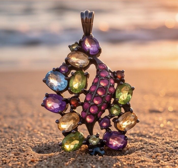 Divine Protection 25.8 carat Precious Multigem black rhodim .925 Sterling Silver dipped in rhodium Pendant - Colorful multigem pendant on sand, front view at sunset.