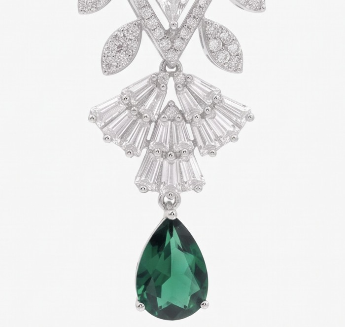 Giovanna - Authentic 4.9 carat COLOMBIAN EMERALD .925 Sterling Silver handcrafted Statement earrings - Close-up of emerald and diamond drop earring in sterling silver.