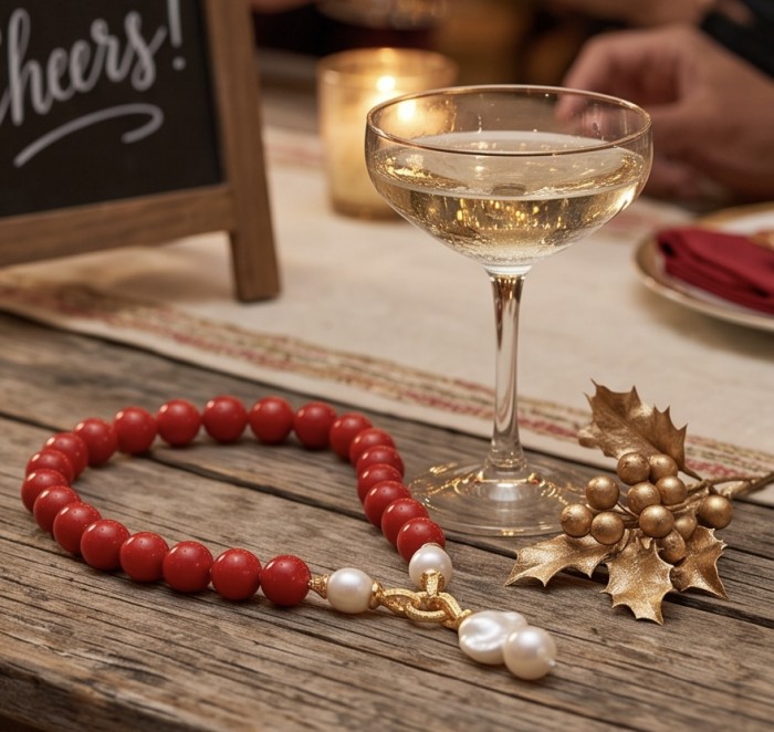 Konstancia Sublime natural Red Fossilized Coral Sterling Silver handmade Necklace - Top view of red coral and pearl necklace on wooden table with wine glass.