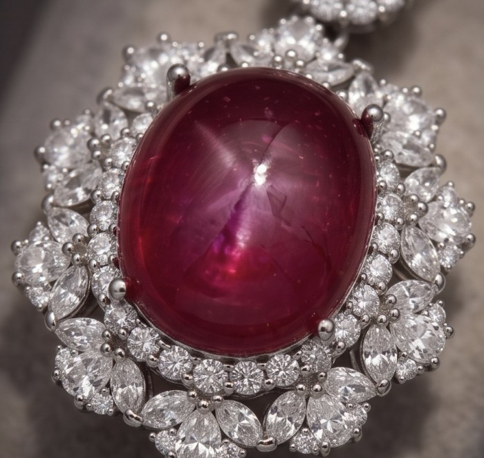 Giovanna 23.2 carat authentic Mozambique Ruby .925 Sterling Silver handmade Pendant - Close-up of Giovanna Mozambique Ruby pendant with diamond accents