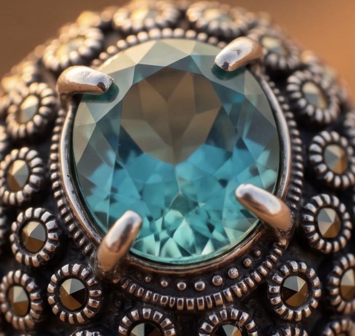 Massive Deep Blue 18.8 carat Aquamarine Marcasite .925 Sterling Silver handcrafted ring size 8 - Close-up of aquamarine and marcasite silver ring detail.