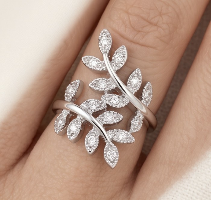 Real Beauty - 4.5 carat White Sapphire .925 Sterling Silver Handcrafted Statement Ring size 6 1/4 - Leaf design ring worn on hand, 4.5 carat white sapphire, sterling silver