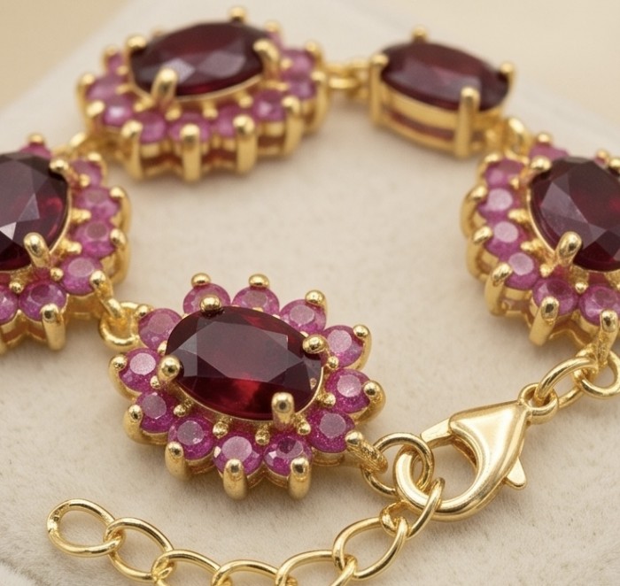Bella Rosa - 29.4 carat authentic Mozambique Ruby .925 Sterling Silver dipped in 22K Gold handcrafted Bracelet - Ruby bracelet clasp and stone close-up, gold settings, detailed view
