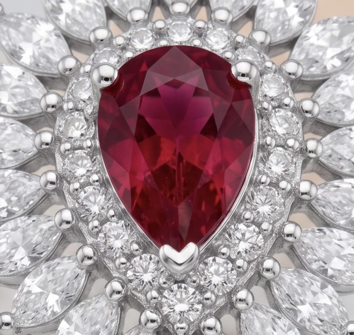 Exquisite 2.1 ctw Mozambique Ruby .925 Sterling Silver handcrafted Statement Ring size 7 - Close-up of Mozambique ruby with diamond accents in sterling silver.