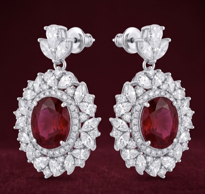 Exquisite 7.4 ctw Mozambique Ruby .925 Sterling Silver dipped in rhodium handcrafted Statement earrings - Elegant earrings with ruby center and diamond accents, front view.