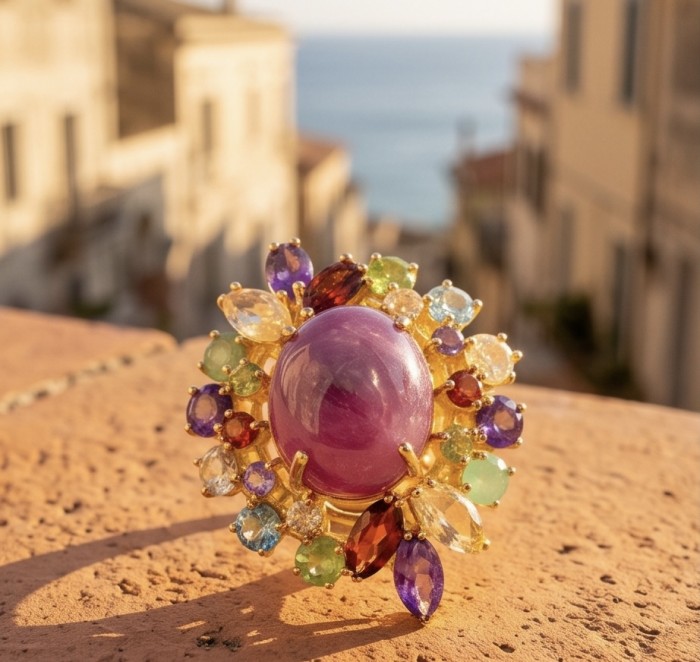 Giovanna Natural 28.6 carat Ruby .925 Sterling Silver dipped in 18K Gold handcrafted Statement Ring size 7 - Close-up of Giovanna ring featuring a large ruby with colorful gemstones.