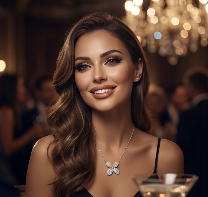Precious Leaves 4.2 carat pave White Golden Topaz .925 Sterling Silver Handcrafted Necklace - Woman wearing Precious Leaves topaz necklace in a formal setting.