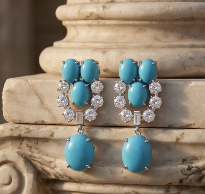 Great quality authentic Sleeping Beauty Turquoise rhodium over .925 Sterling Silver handcrafted Earrings - Earrings with turquoise and diamonds on a stone background, front view.