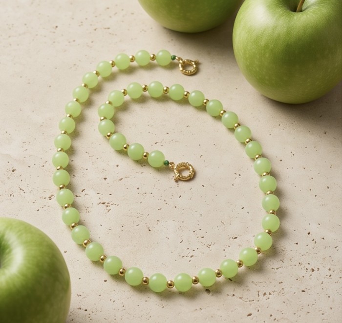 Genuine Moss Prehnite 10k Gold over .925 Sterling Silver handmade Necklace - Necklace with green beads and gold clasp surrounded by green apples.