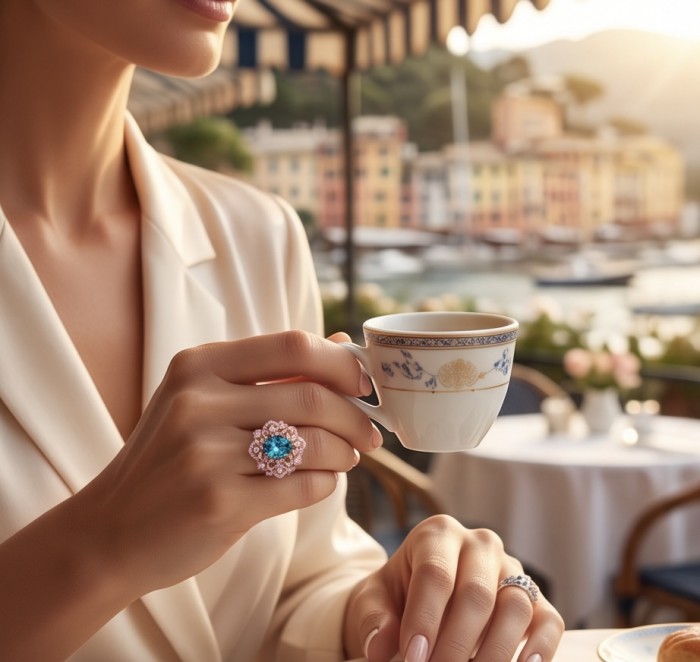 Victorian design 10.8 carat authentic London Blue Topaz 22k Rose Gold over.925 Sterling Silver handmade Statement Ring size 6 1/4 - Worn on hand with Victorian design 10.8 carat London Blue Topaz ring.