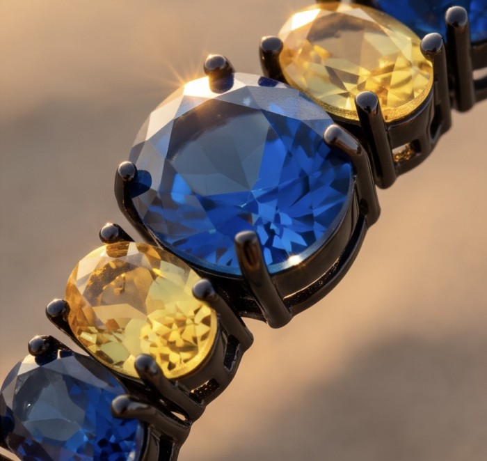 7.8 carat yellow Sapphire 9.2 carat Sapphire black rhodium over over .925 Sterling Silver handmade bangle Bracelet - Close-up of sapphires in black rhodium setting.
