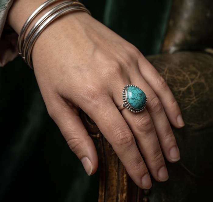 Rare authentic Turquoise rhodium over .925 Sterling Silver handcrafted Large ring; s. 9 - photo 1