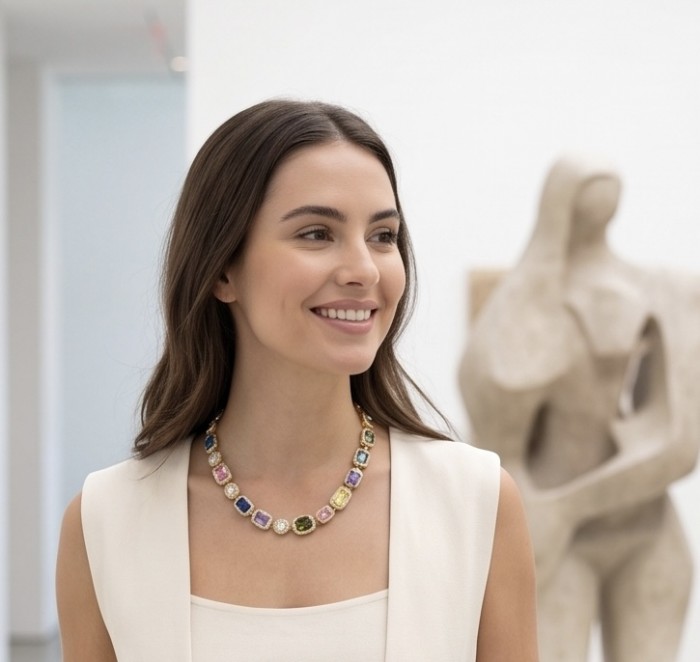 A Heritage in Bloom - 38.3 carat Natural Multigem .925 Sterling Silver dipped in 18K GOLD Handcrafted Statement Necklace - Multigem necklace worn by smiling woman in gallery setting