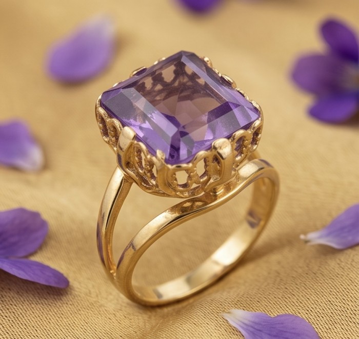 Peace 5.2 carat natural Amethyst 18K Rose Gold over .925 Sterling Silver Handcrafted Ring size 6 1/4 - Amethyst ring close-up with gold setting and purple petals background.