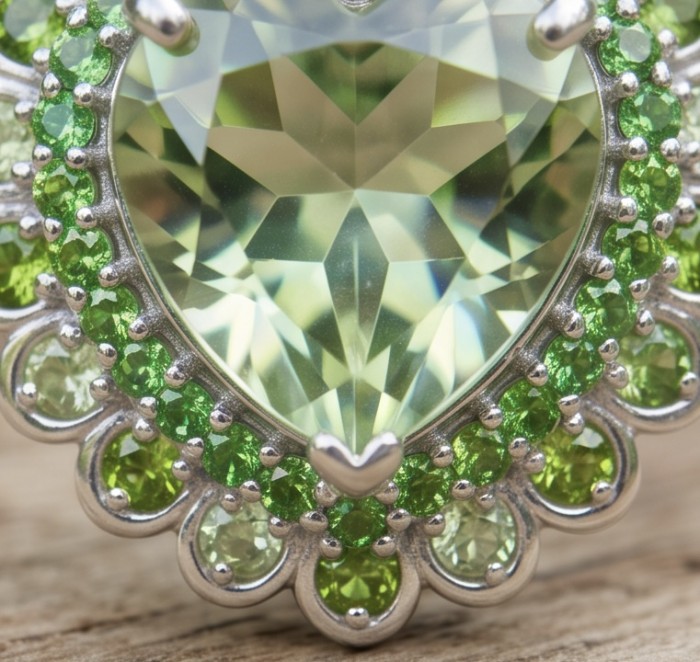 Charlotte Authentic 15.4 carat Green Amethyst rhodium over .925 Sterling Silver handcrafted Statement Ring size 8 1/4 - Close-up of green amethyst heart pendant with gemstone halo detail