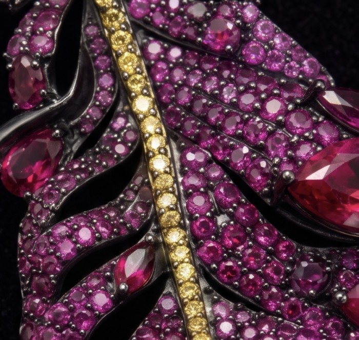 Magic Red Feather Large 10.8 carats Ruby .925 Sterling Silver DIPPED IN RHODIUM handmade Pendant - Brooch - Close-up of rubies and gold accents on Magic Red Feather jewelry