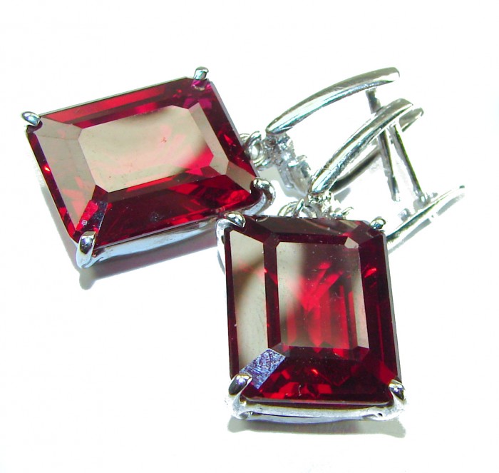 Blooming Rose baguette cut 26.5 carat Red Topaz .925 Sterling Silver handmade Statement earrings - photo 3