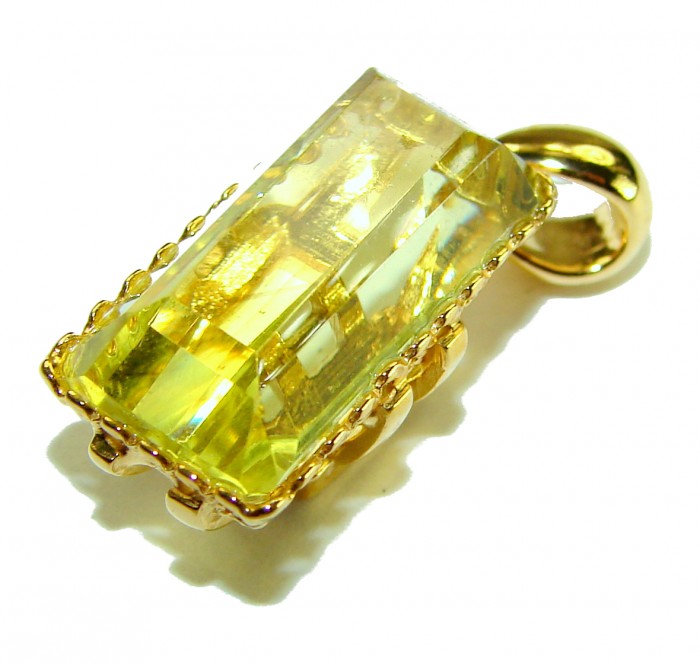 Emerald cut 10.3 carat Lemon Quartz 18K Gold over .925 Sterling Silver handcrafted pendant - Close-up of emerald-cut lemon quartz pendant in 18K gold setting