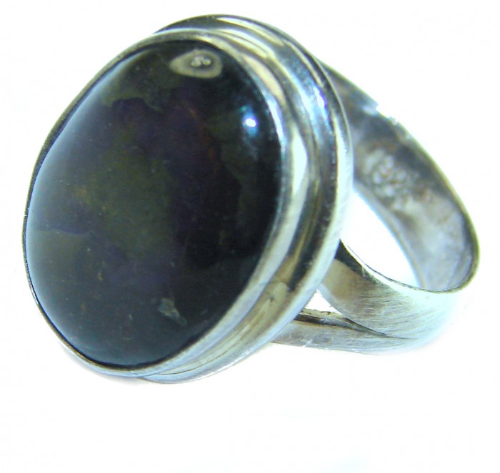 Outstanding Genuine purple Canadian Ammolite .925 Sterling Silver handmade ring size 7 adjustable - Close-up of purple Canadian Ammolite ring in .925 sterling silver.