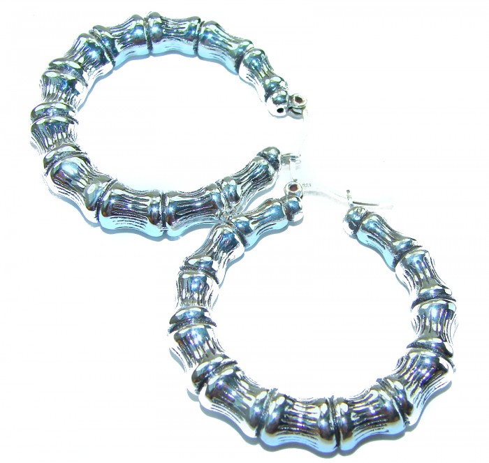 Huge - Bamboo Tree design .925 Sterling Silver handmade Bali made Earrings - Sterling silver bamboo hoop earrings, top view.