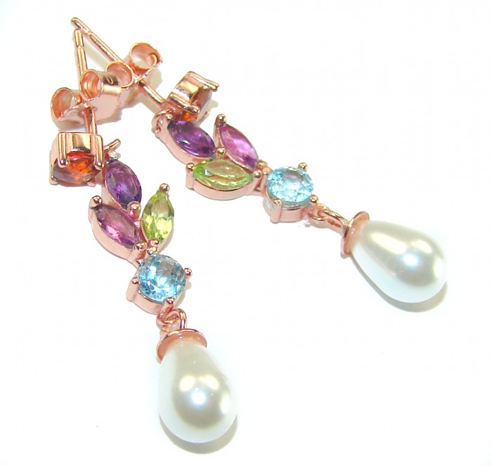 Genuine Pearl Multigem 18K Gold over .925 Sterling Silver handcrafted Statement Earrings - Dangling pearl earrings with multicolor gemstones, top view.