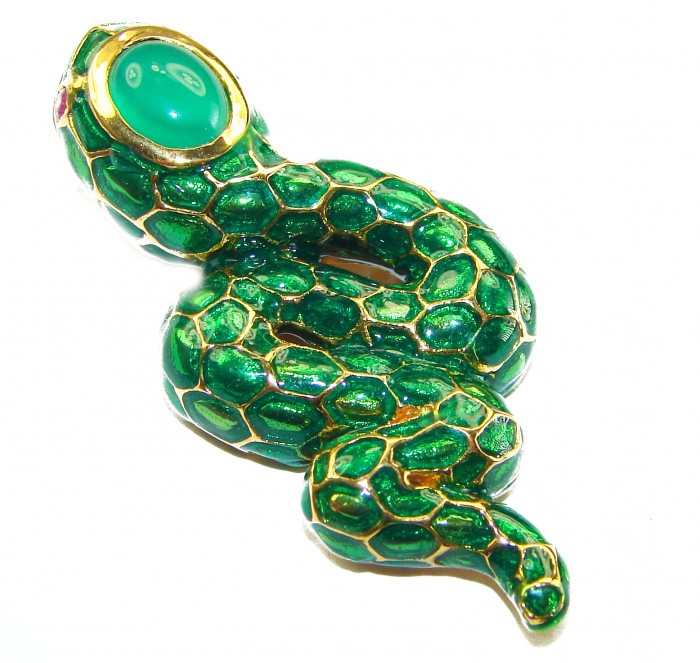 INCREDIBLE Natural Emerald Enamel Snake 14K Gold over .925 Sterling Silver Pendant - Emerald enamel snake brooch, top view, gold detail.