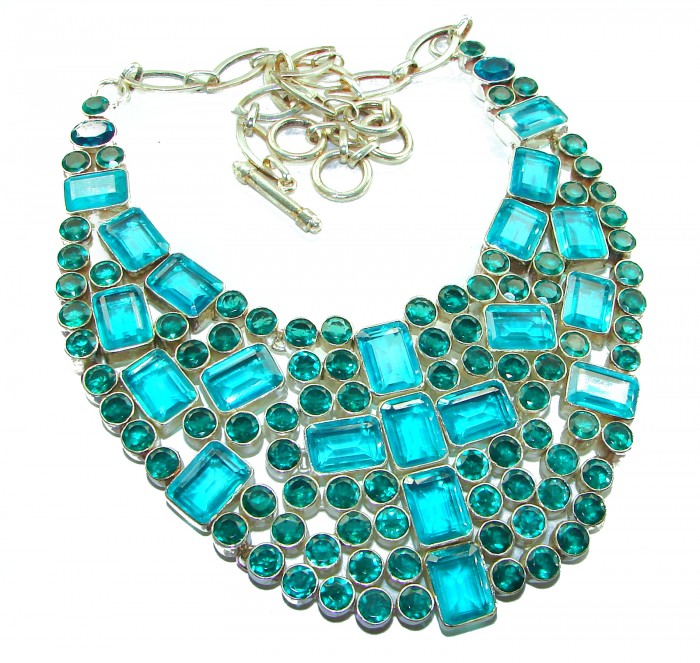 Lavishly Abundant - Holy Cross 165.5 grams lab. Paraiba Tourmaline .925 Sterling Silver handcrafted necklace - Necklace with blue gemstones, overhead view showing full design