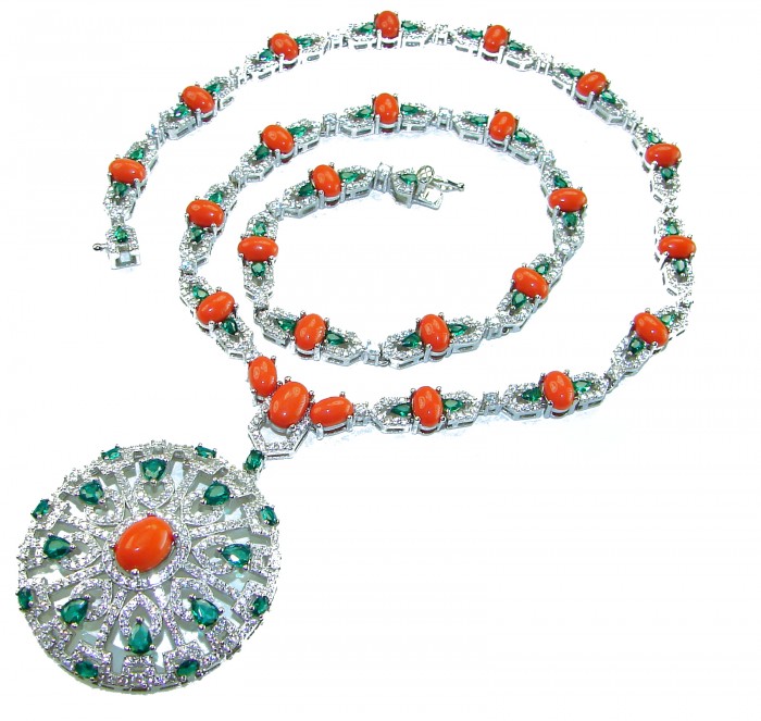 Serenity - 72.5 carat genuine Coral Emerald .925 Sterling Silver handmade Statement necklace - Top view of necklace with coral and emerald stones on sterling silver.