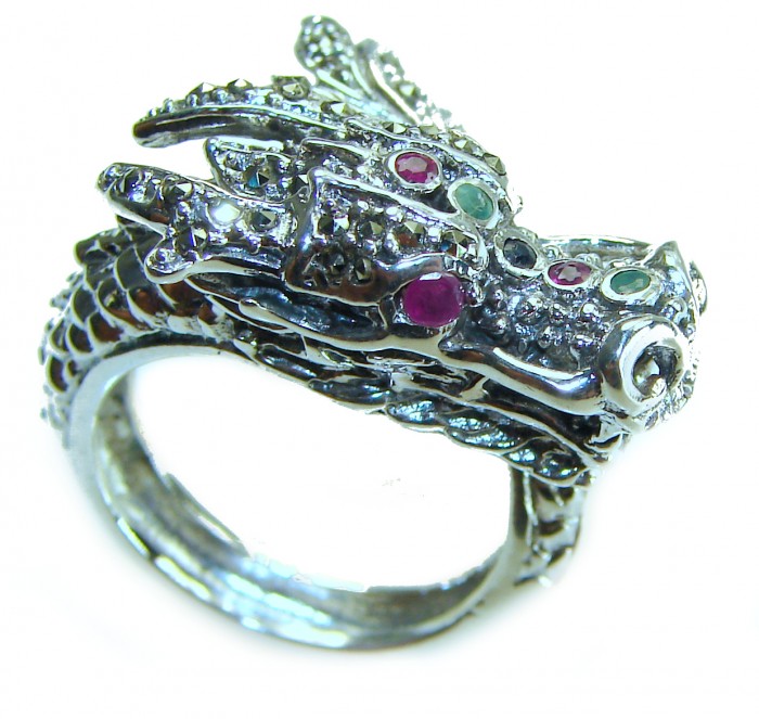 Reclaim your Power 12.5 grams Authentic Marcasite .925 Sterling Silver Handcrafted Large Ring size 8 - Dragon ring side view with marcasite and gemstone details