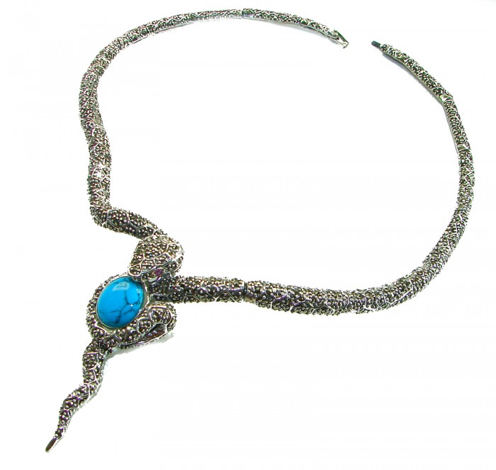 HUGE 84.5 grams Snake design genuine Turquoise .925 Sterling Silver handcrafted Necklace - Snake design turquoise necklace, top view, showcasing the stone and pattern