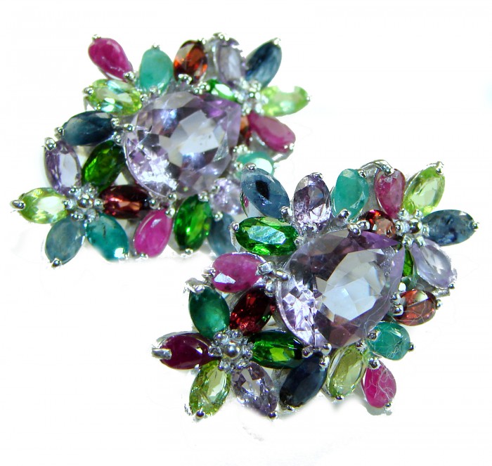 Isabella 15.5 carat Ametrine .925 Sterling Silver HANDCRAFTED Earrings - Colorful gemstone cluster earrings, close-up of stones and setting.