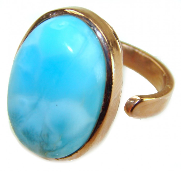 Blue Perfection AAAA QUALITY Blue Larimar 18K rose Gold over .925 Sterling Silver handmade Large ring size 8 adjustable - Blue Larimar ring in rose gold, stone close-up view.