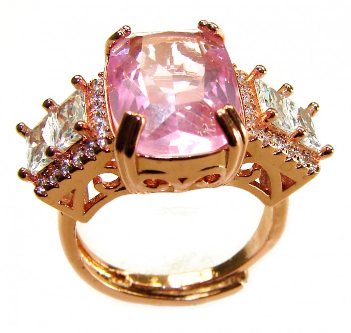 Art Deco 8.5 carat baguette cut Kunzite two tones 14K Gold .925 Sterling Silver handcrafted ring; s. 7 adjustable - Side view of Art Deco Kunzite and diamond ring in two-tone 14K gold.