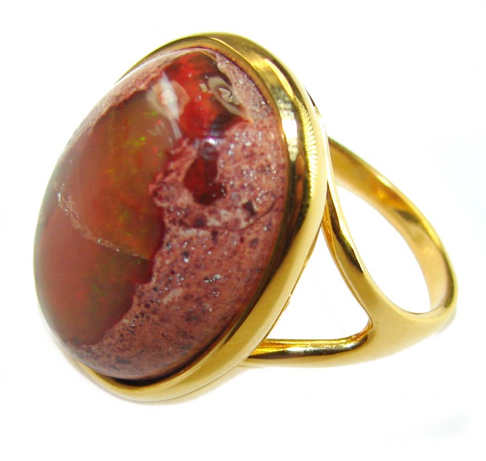 Orange Galaxy best quality 19.4 carat Mexican Opal 18K Gold over .925 Sterling Silver handmade ring 8 1/4 - Side view of 19.4 carat Mexican Opal ring in 18K gold setting.