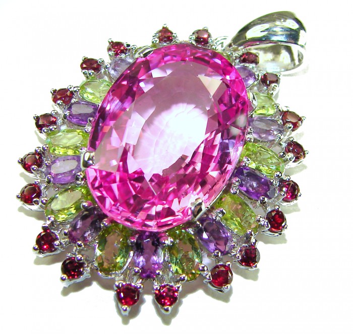 Royal Jewel - Large - Posh rose - 33.5 CARAT Pink Sapphire .925 Sterling Silver handmade Pendant - Close-up of Royal Jewel pendant with pink sapphire and colorful gems.