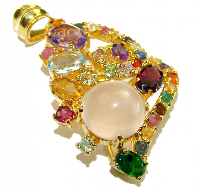 Marie Antoinette's STYLE authentic 20.5 carat Brazilian Rose Quartz 18K Rose Gold over .925 Sterling Silver handcrafted Statement pendant - Colorful gemstone pendant, side view, gold setting, large central stone.