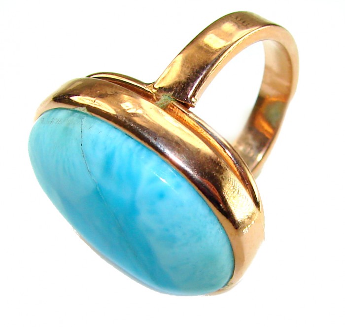 Blue Perfection AAAA QUALITY Blue Larimar 18K Gold over .925 Sterling Silver handmade Large ring size 8 adjustable - Larimar ring in gold setting, angled side view close-up.