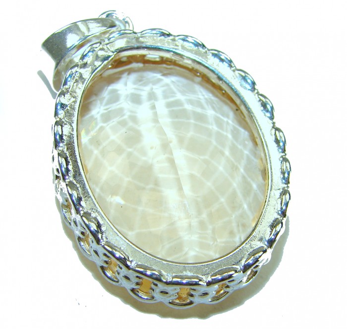 Perfection Oval cut 37.3 carat Lemon Quartz .925 Sterling Silver handcrafted LARGE pendant - Close-up of oval Lemon Quartz pendant in .925 sterling silver setting.