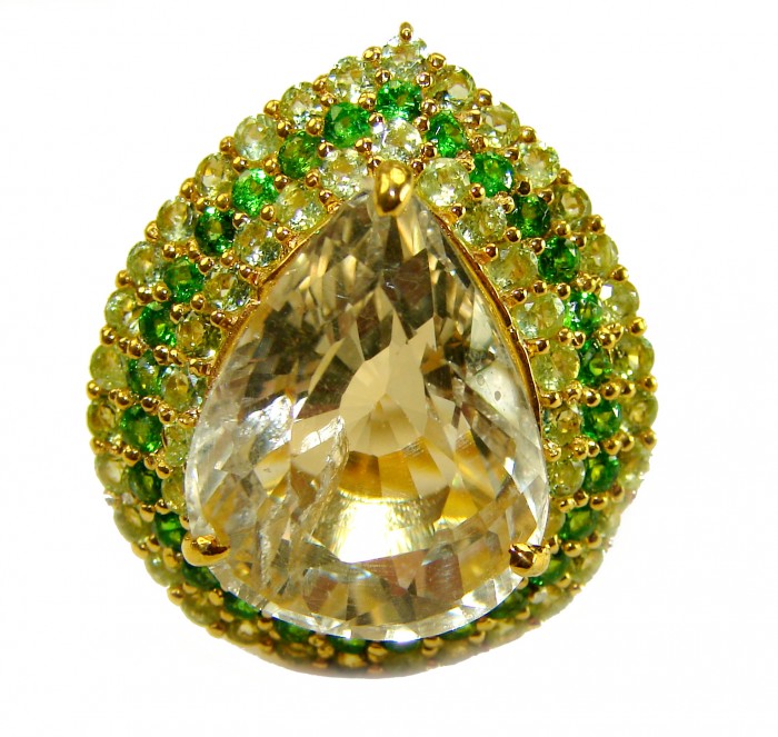 Golden Treasure 18.5 carat Citrine .925 Sterling Silver dipped in 14K Gold Handcrafted Huge Ring size 7 - Close-up of Golden Treasure ring with citrine and green gems.