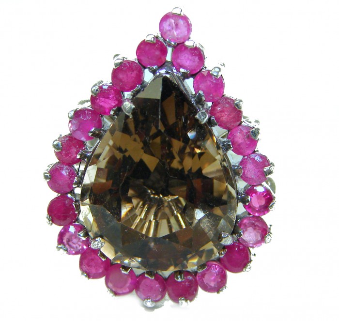 Serenity 18.5 carat Champagne Smoky Topaz Ruby .925 Sterling Silver HUGE Ring size 7 1/4 - Close-up of Serenity 18.5 carat Champagne Topaz Ruby .925 Sterling