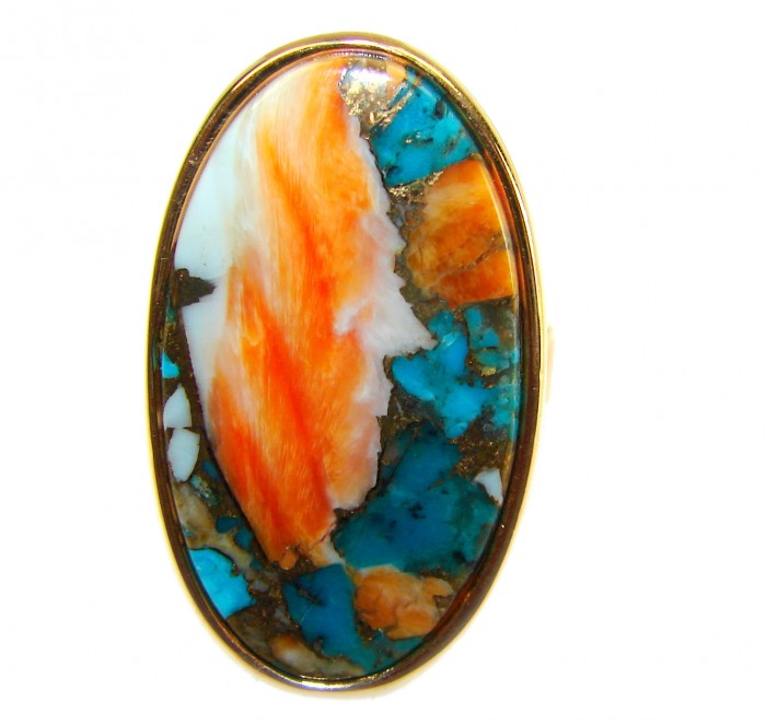 Rare 29.5 carat Oyster Turquoise 18K Gold over .925 Sterling Silver handcrafted Large ring; s. 6 adjustable - Close-up of rare 29.5 carat oyster turquoise ring in 18K gold over sterling.