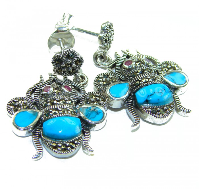 Blue Bees inlay Turquoise Ruby Marcasite .925 Sterling Silver Handcrafted earrings - Close-up of blue bee earrings with turquoise and ruby stones.